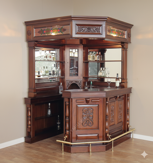 Solid Mahogany Canopy Corner Tavern Bar w/ Mirrors & Lead Stained Glass
