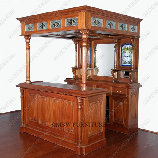 Solid Mahogany English Canopy Pub Bar with Stained Glass