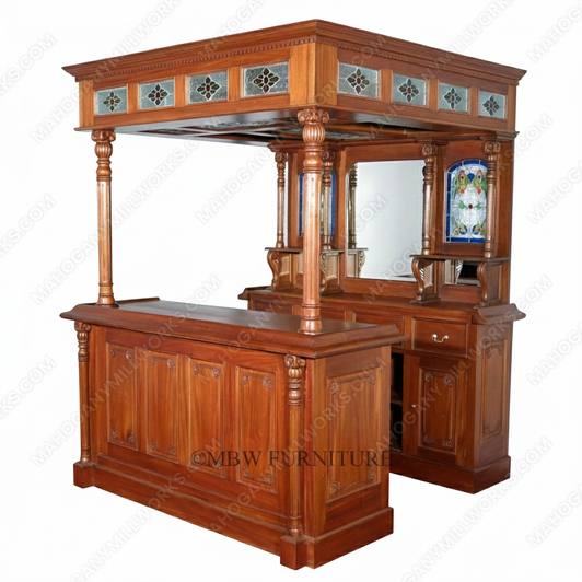 Solid Mahogany English Canopy Pub Bar with Stained Glass