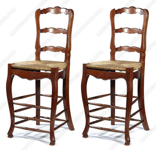Mahogany Ladder Back Barstools w/ Hand Woven Rush Seats (2)