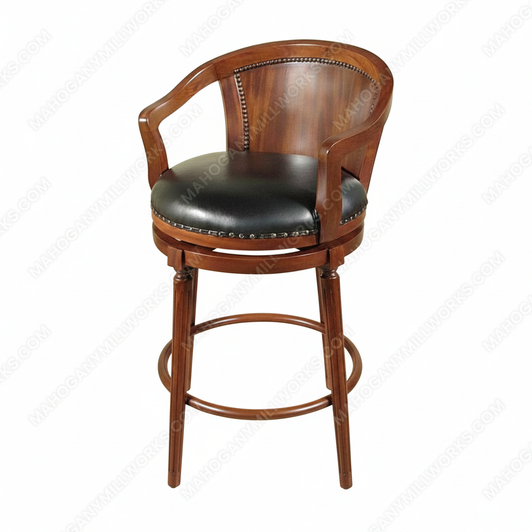 Pair 2 Mahogany Genuine Black Leather Swivel Barstools
