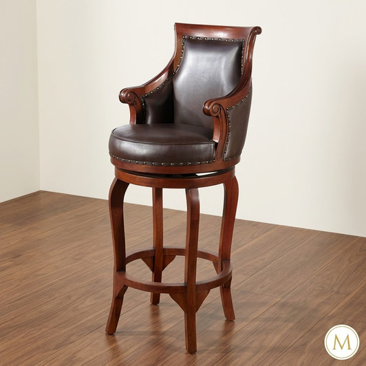 Solid Mahogany Genuine Brown Leather Swivel Bar Stool