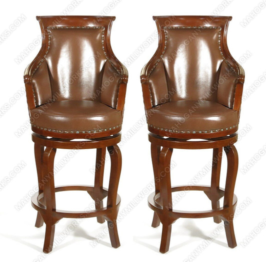 Pair 2 Solid Mahogany Genuine Brown Leather Swivel Barstools