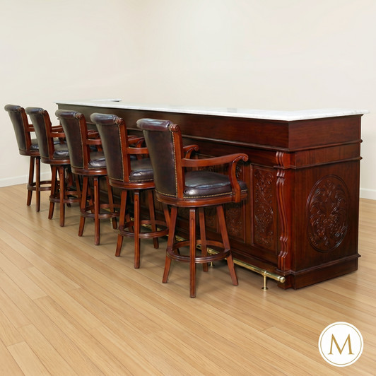 14ft Red Mahogany Edwardian Club Bar  w/ 5 Leather Barstools