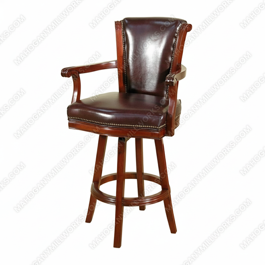 Solid Mahogany Burgundy Leather Upholstered Swivel Bar Stool
