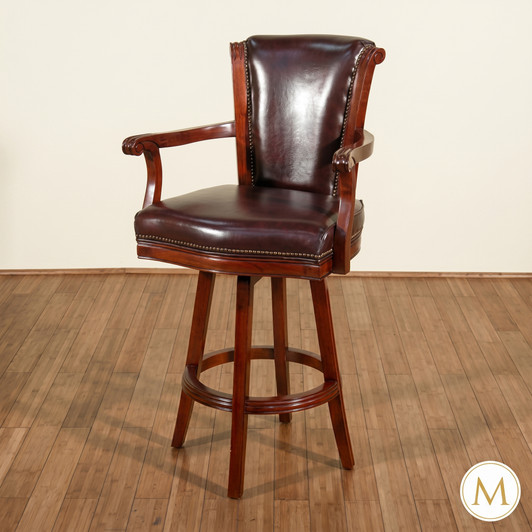 Solid Mahogany Burgundy Leather Upholstered Swivel Bar Stool
