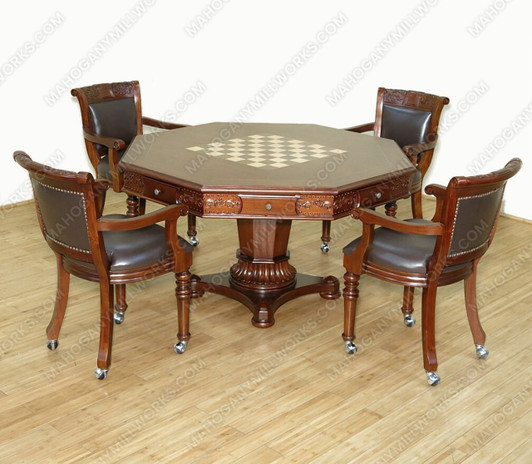 5pc Mahogany Poker/Game Table Set w/ 4 Leather Chairs