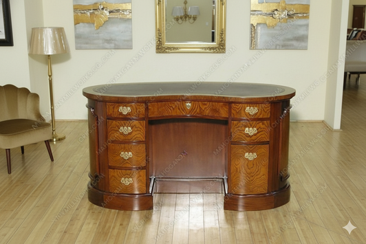 Italian Style Burl Mahogany Kidney Desk w/ Leather