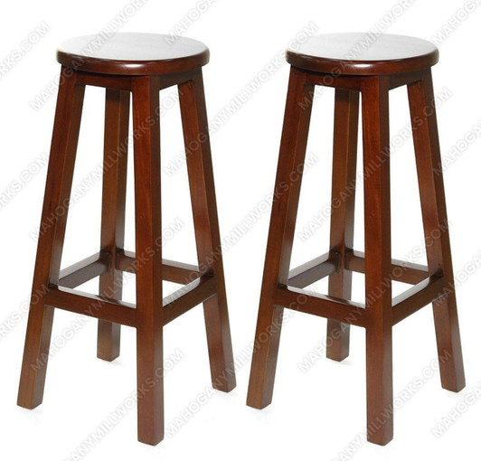 Pair 2 Solid Mahogany Round Bar Stools 30H