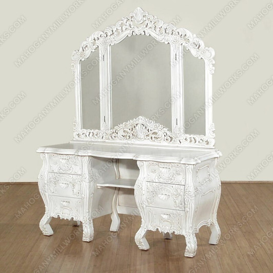 Distressed White French Rococo Vanity Dresser w/ Trifold Mirror