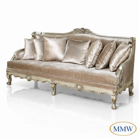 6ft Antiqued Silver Upholstered Sofa  w/ Throw Pillows