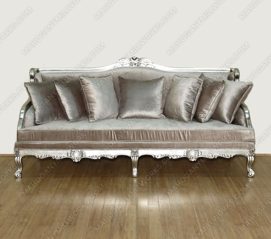 6ft Antiqued Silver Upholstered Sofa  w/ Throw Pillows