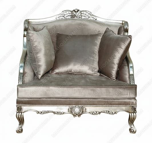 Antiqued Silver Upholstered Chair w/ Throw Pillows