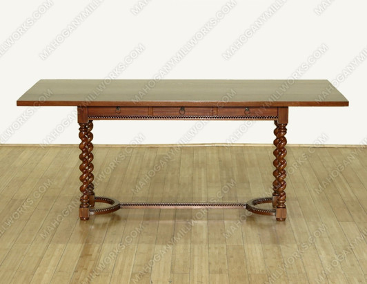 6Ft Light Walnut Barley Twist Console Table w/ Folding Top Leaves
