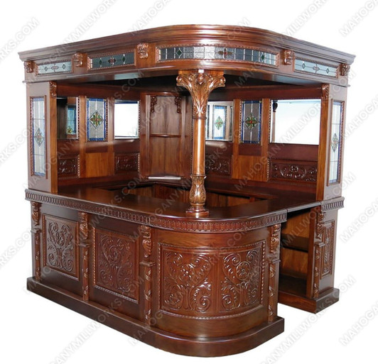 7.5ft Solid Mahogany Corner Canopy Bar w/ Leaded Stained Glass