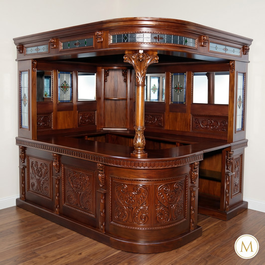 8ft Carved Mahogany Corner Canopy Bar w/ Stained Glass