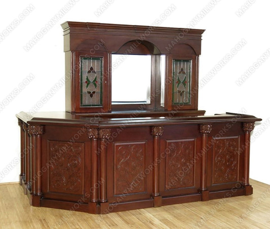9.5ft Solid Mahogany Home Pub Bar w/ Lead Glazed Stained Glass