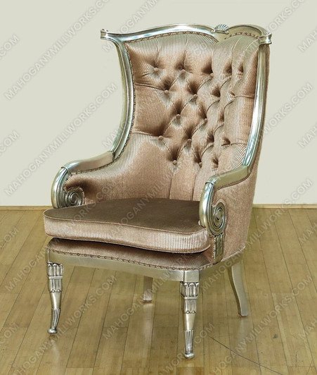 Antiqued Silver Leaf Finish Upholstered Accent Wingback Arm Chair