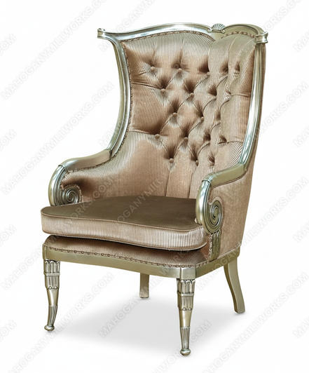 Antiqued Silver Leaf Finish Upholstered Accent Wingback Arm Chair