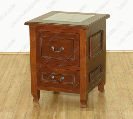 Solid Mahogany 2 Drawer End Side Table w/ Glass Top