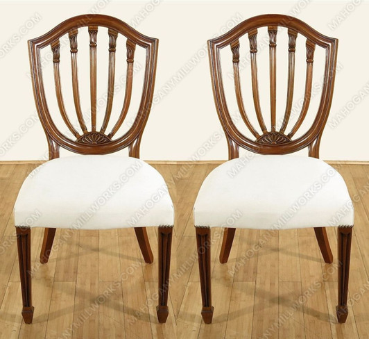 Pair of 2 Solid Mahogany Hepplewhite Shield Back Cream Side Chairs