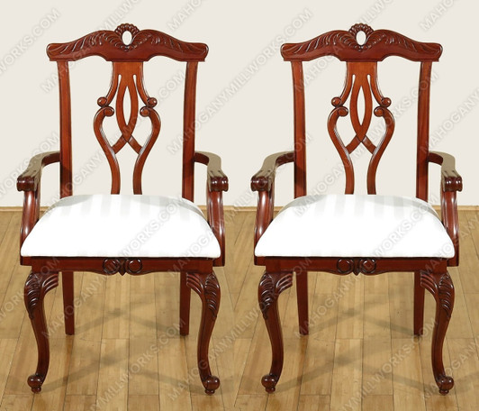 Pair 2 Cherry Chippendale Occasional Accent Arm Chairs w/ Cream Fabric