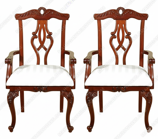 Pair 2 Cherry Chippendale Occasional Accent Arm Chairs w/ Cream Fabric