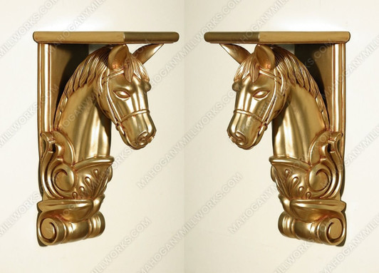 Pair of 2 Gold Carved Horse Wall Sconce Corbels