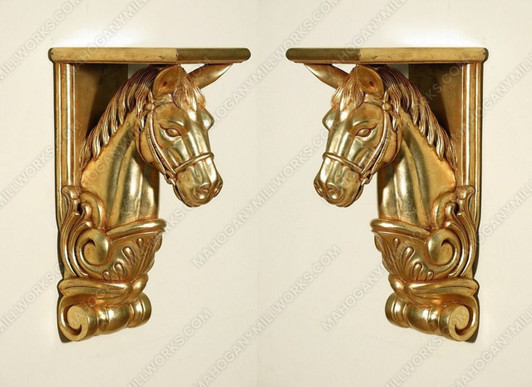 Pair of 2 Real Gold Leaf Carved Horse Wall Sconce Corbels