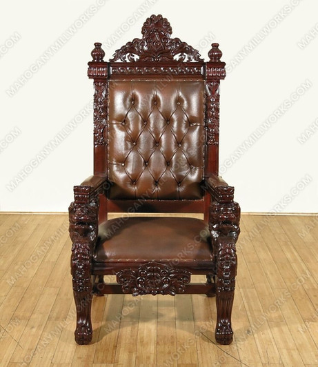Dark Mahogany Small Bishop Mason Leather Gothic Throne Lion Arm Chair