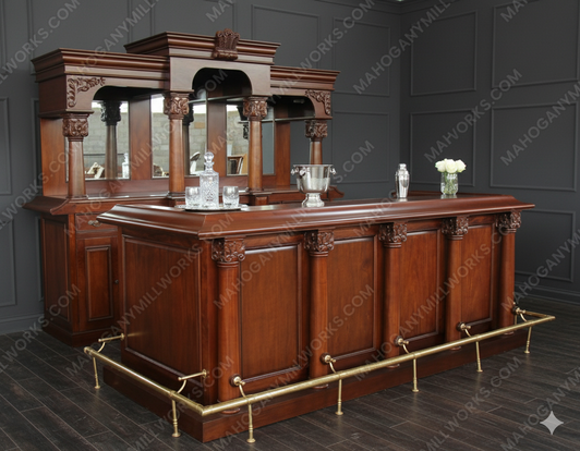 9ft Mahogany Marble Top Pub Bar w/ Deep Bartender Working Area