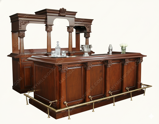 9ft Mahogany Marble Top Pub Bar w/ Deep Bartender Working Area
