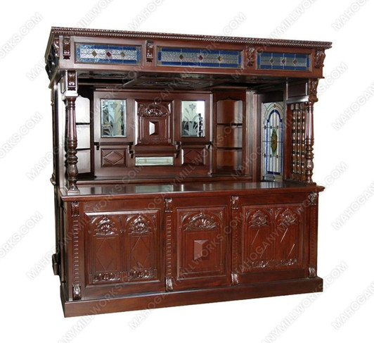 Dark Mahogany Canopy Pub Bar w leaded Stained Glass Doors