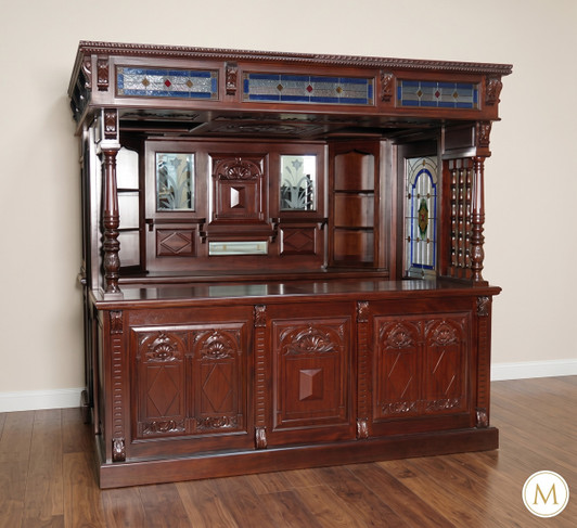 8.5ft Dark Mahogany Canopy Pub Bar w leaded Stained Glass Doors