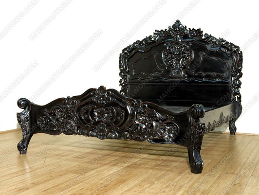 Black Distressed French Rococo Carved Panel Bed