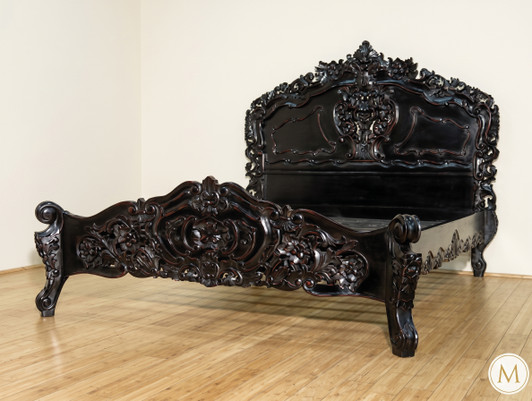 Black Distressed French Rococo Carved Panel Bed