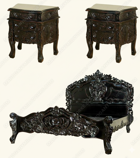3pc Black Distressed French Rococo Carved Panel Bed