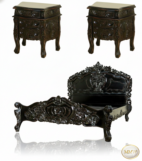3pc Black Distressed French Rococo Bedroom Set