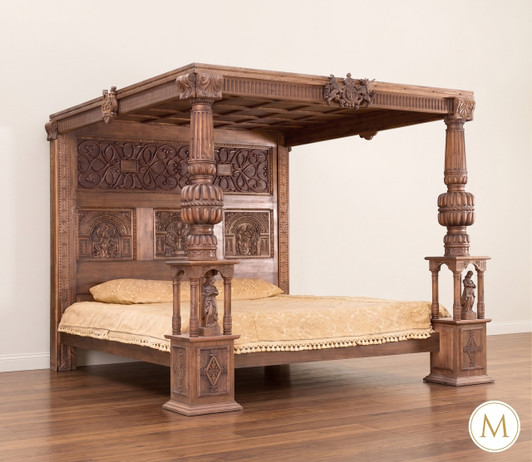 Heavily Ornate Carved Four Post Canopy Bed