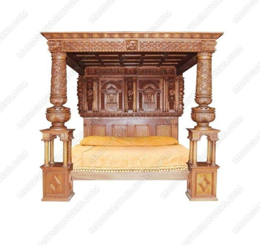 Solid Mahogany Heavily Carved Ornate Poster Canopy Bed w/ Columns