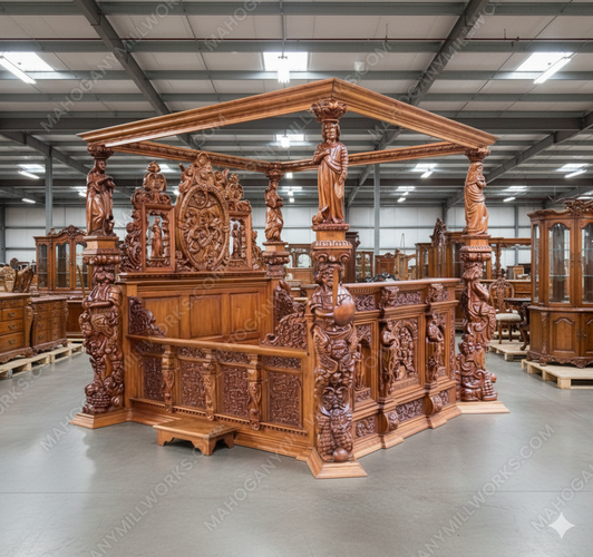 Custom Mahogany Heavily Ornate Carved Statues Canopy Bed