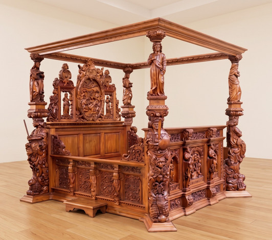 Mahogany Heavily Ornate Carved Statues Canopy Bed