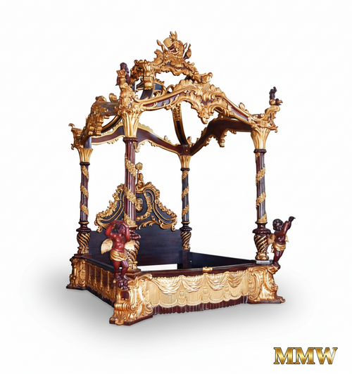 Heaven's Gate Ornate Carved Four Post Canopy Bed w/ Cherubs