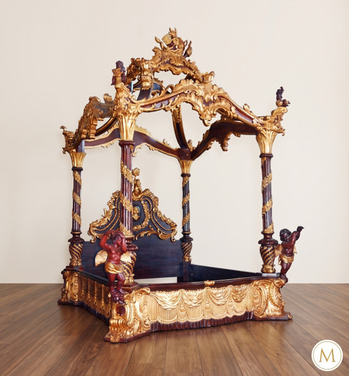 Heaven's Gate Ornate Carved Four Post Canopy Bed w/ Cherubs