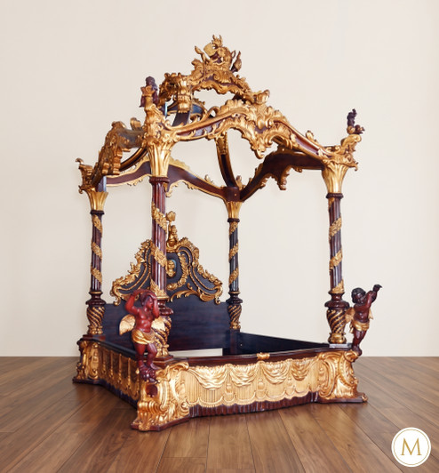 Heaven's Gate Ornate Carved Four Post Canopy Bed w/ Cherubs