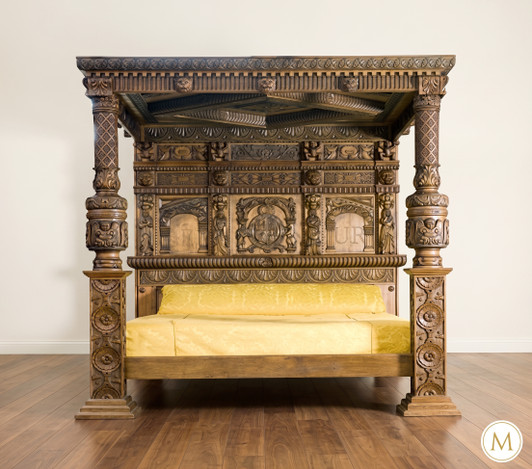 Indo-Colonial Palace Hand-Carved Canopy Bed