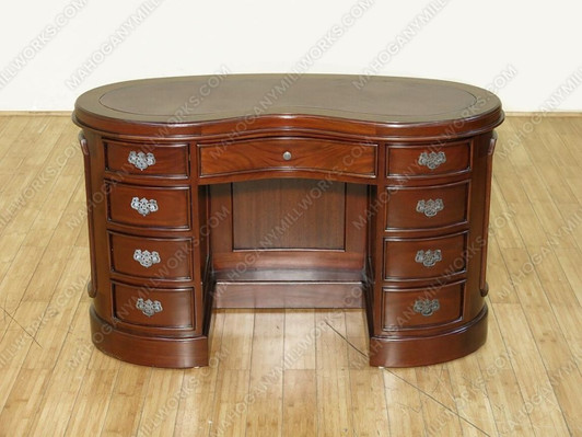 Mahogany Kidney Shape Office Desk w/ Burgundy Leather