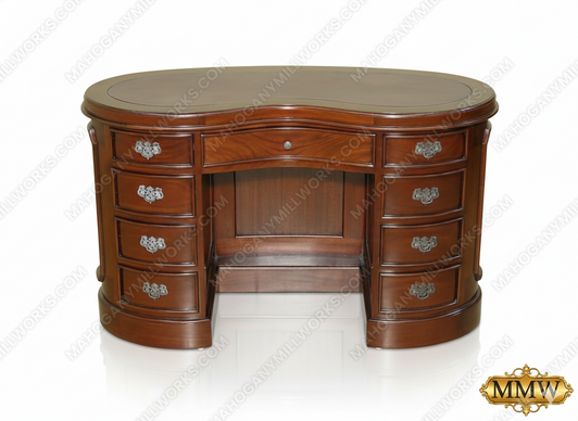 Mahogany Kidney Shape Office Desk w/ Burgundy Leather