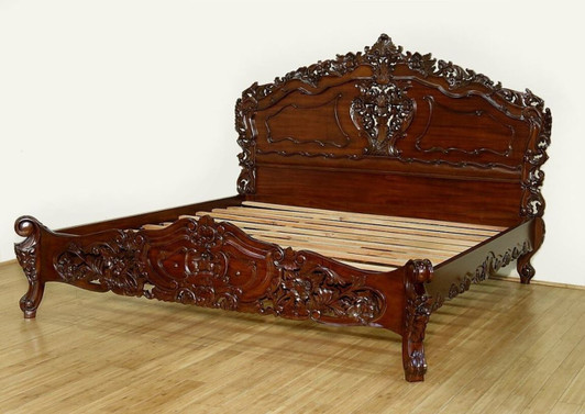 Dark Walnut Hand-carved French Rococo Panel Bed