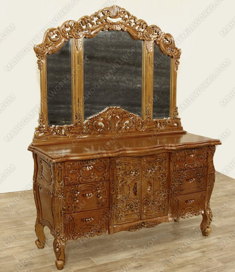Solid Honey Mahogany French Rococo Vanity Mirror Dresser